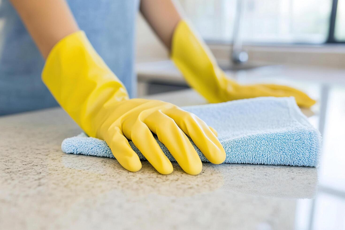 Woman in protective yellow gloves washing kitchen table with cloth. Housework concept. photo