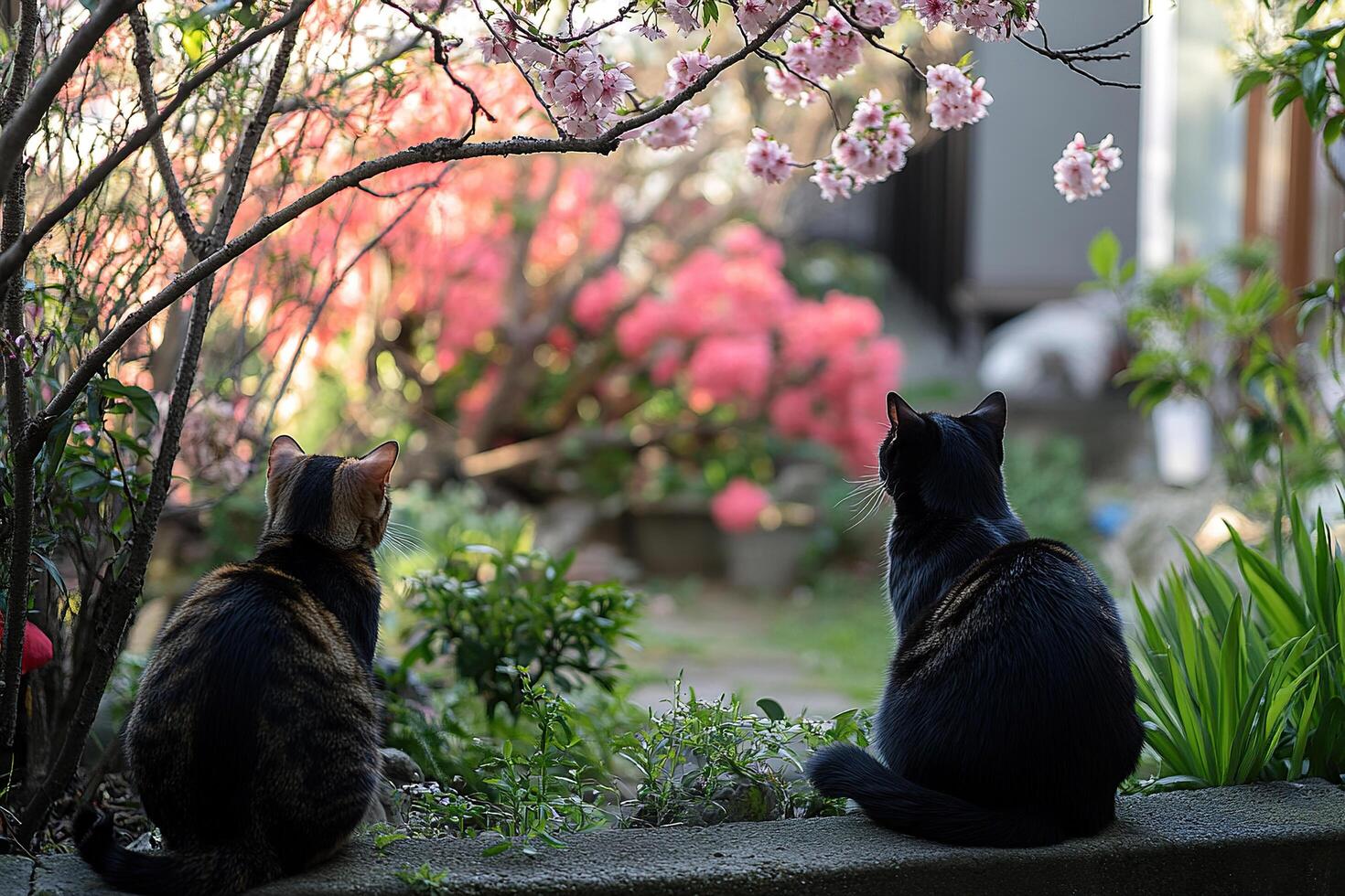 Rear view of two cats sitting in a blooming garden in spring. Spring arrival concept. photo