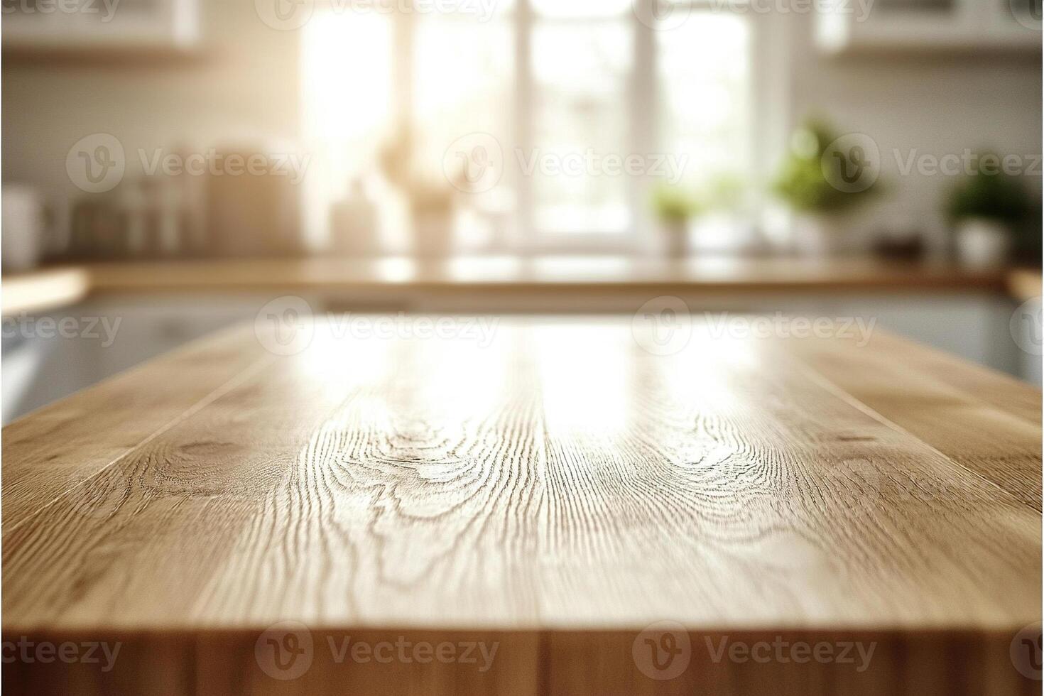 Wooden tabletop close-up on blurred kitchen background. Can be used as a mockup to showcase products or designs. photo