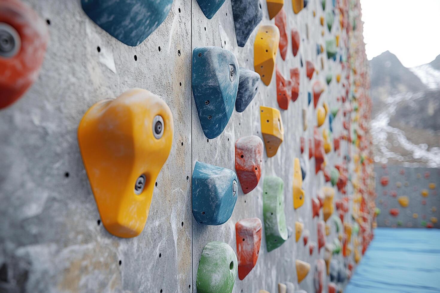 Close-up of climbing wall grips and handles of different shapes and sizes on a grey indoor climbing wall. The grips on the climbing wall are of different colors photo
