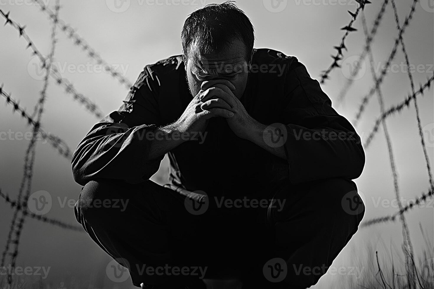 Silhouette of a prisoner behind barbed wire on a gray background. International Holocaust Remembrance Day. Generated by artificial intelligence photo