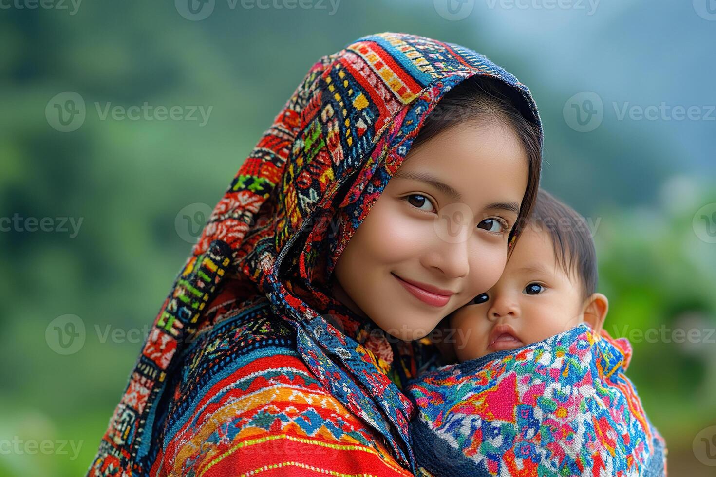 Beautiful asian woman in traditional dress and lovely little boy taking portrait and looking at camera against nature background. Generated by artificial intelligence photo