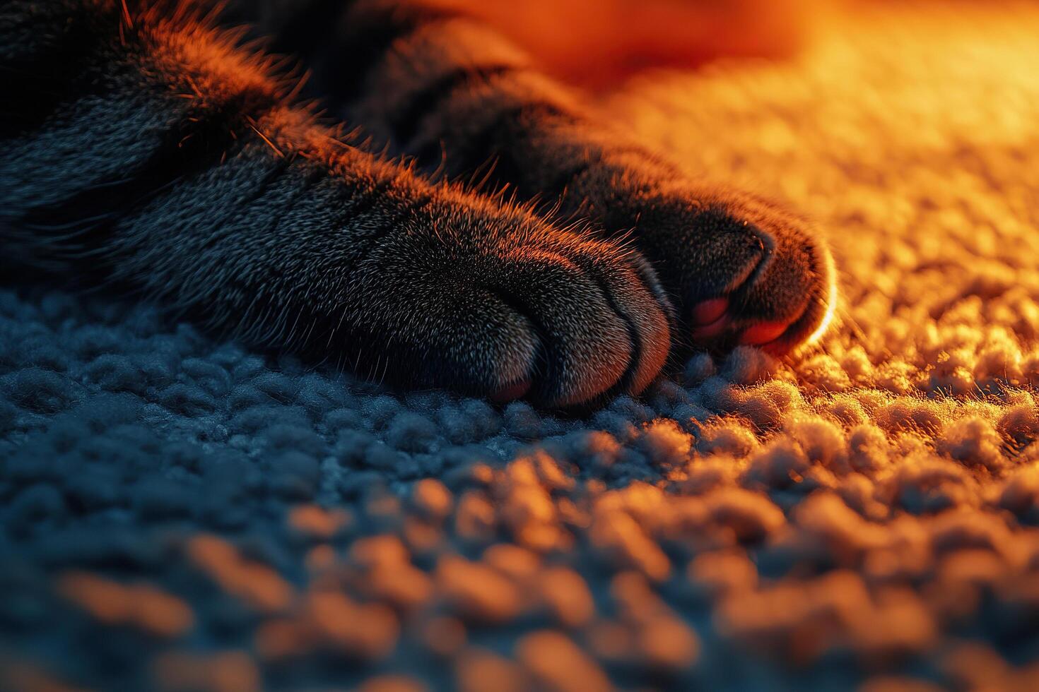 Macro photo of cat paws. Cute cat paws close-up on carpet in sunlight. Domestic cat standing on carpet in living room.