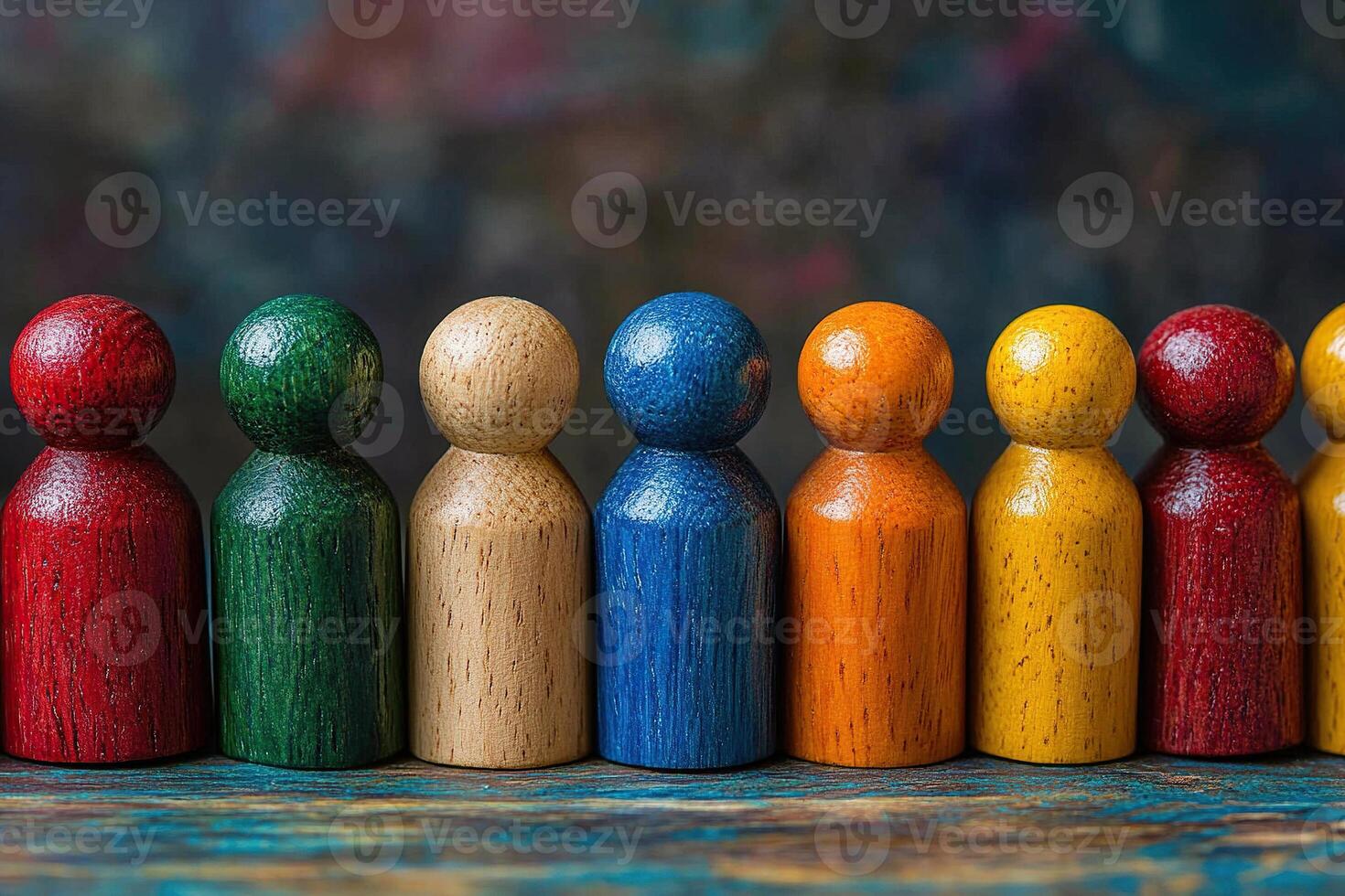 Wooden figures of different colors stand in a row, symbolizing diverse groups, equality and tolerance. Generated by artificial intelligence photo
