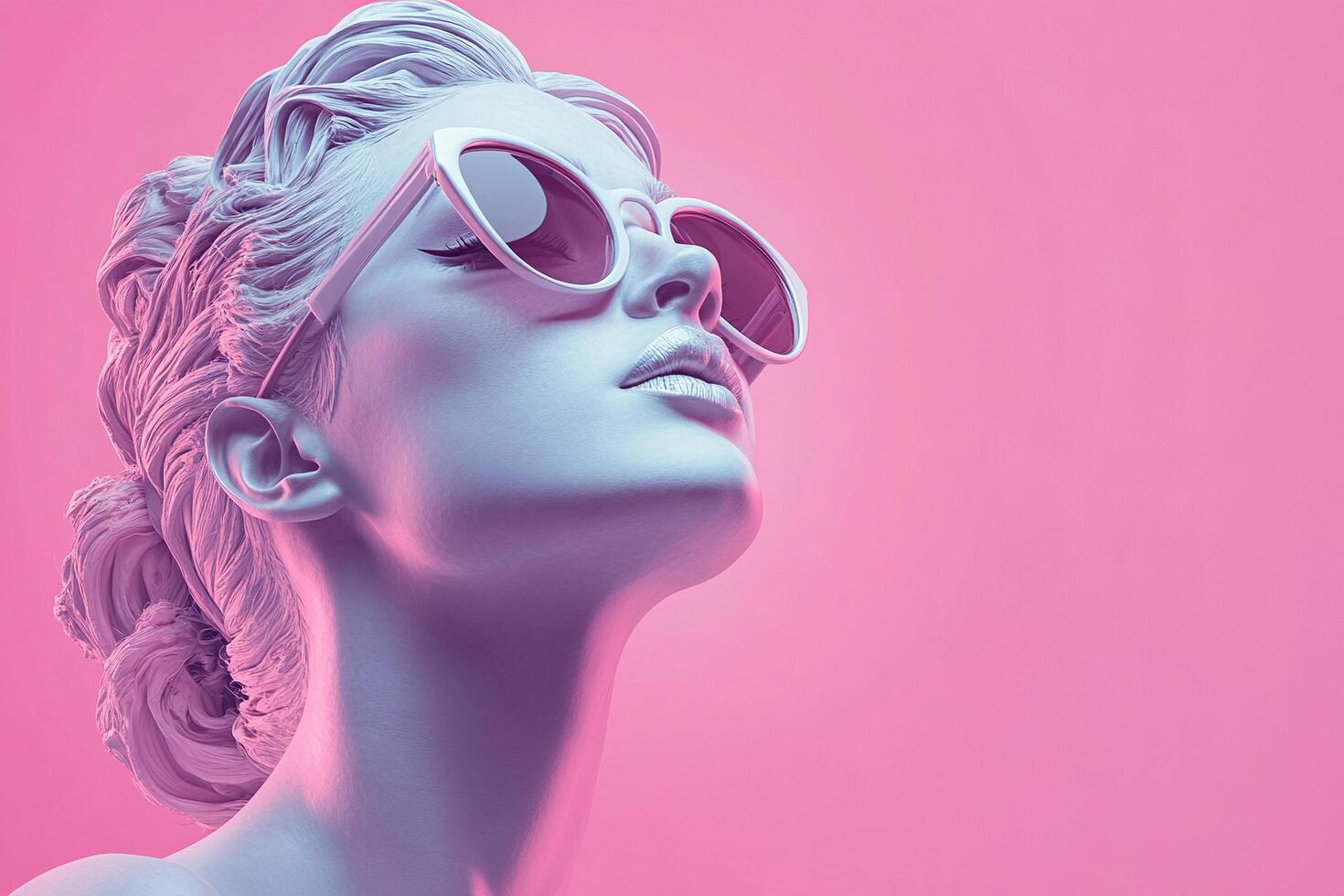 Beautiful female sculpture in ancient greek art style wearing sunglasses looking to the left on pink background. Fashionable photo of pop art statue
