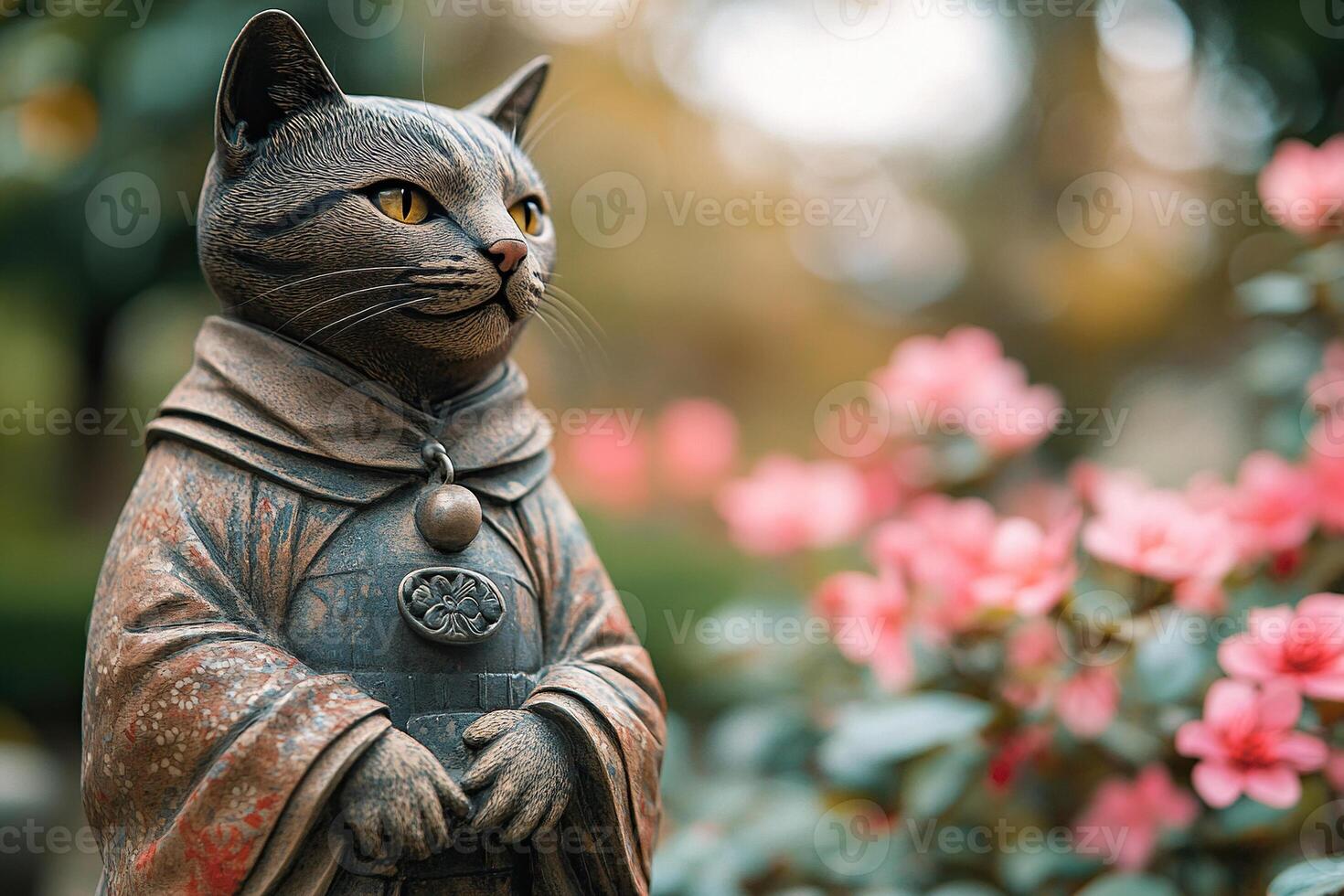A bronze statue of a cat in a kimono stands in the middle of a flowering garden. Generated by artificial intelligence photo