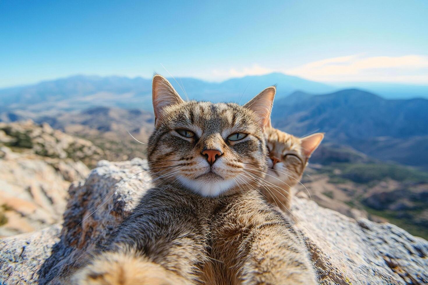 A couple of cats take a selfie together on a smartphone camera while on holiday in the mountains. Funny cats. photo