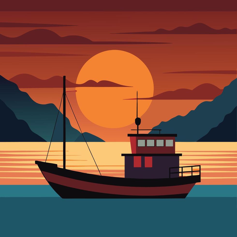 a boat is floating in the ocean at sunset vector
