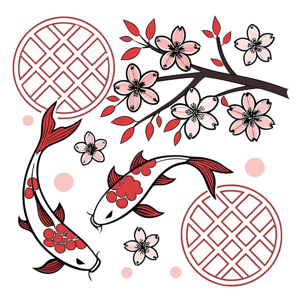 Japanese koi fish and cherry blossoms vector