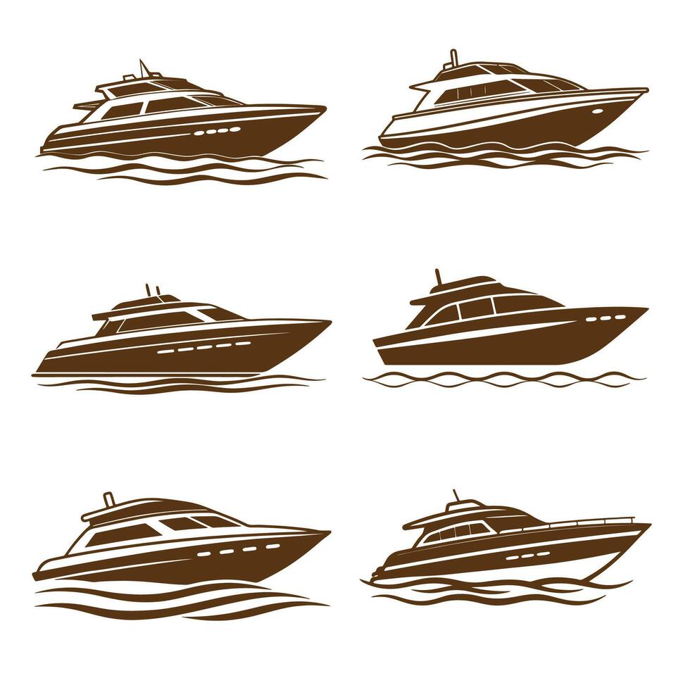 Luxury yacht set, modern motorboat silhouettes, elegant ship illustrations, ocean travel icon vector