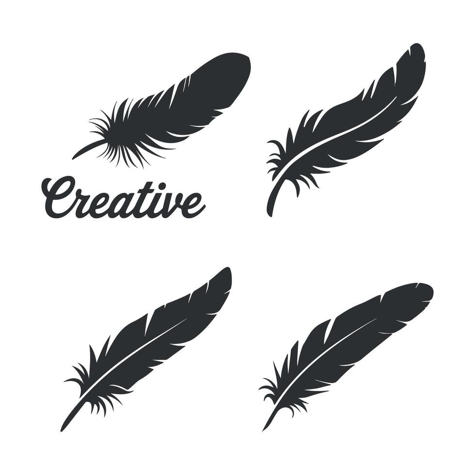 Creative feather icons set, elegant quill , stylish writing pen silhouette, modern calligraphy symbols, black ink brush illustration, artistic typography design vector
