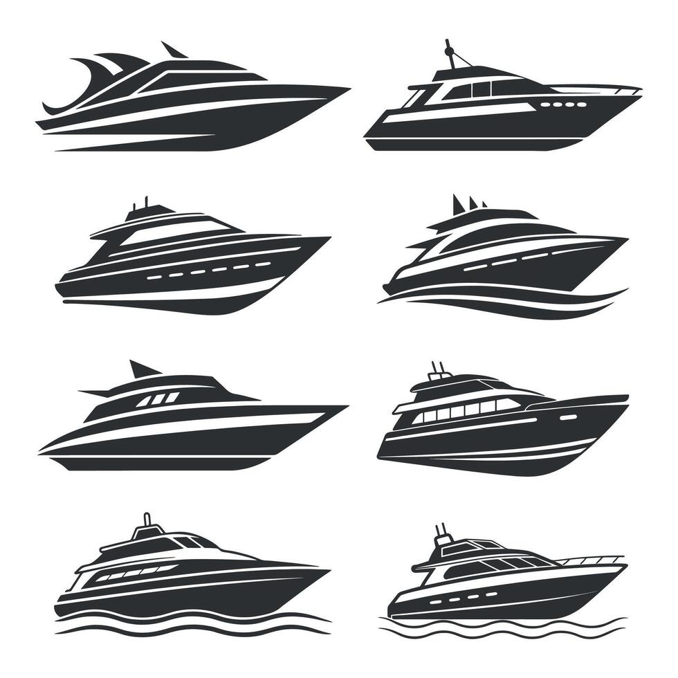 Luxury yacht set, modern motorboat silhouettes, elegant ship illustrations vector