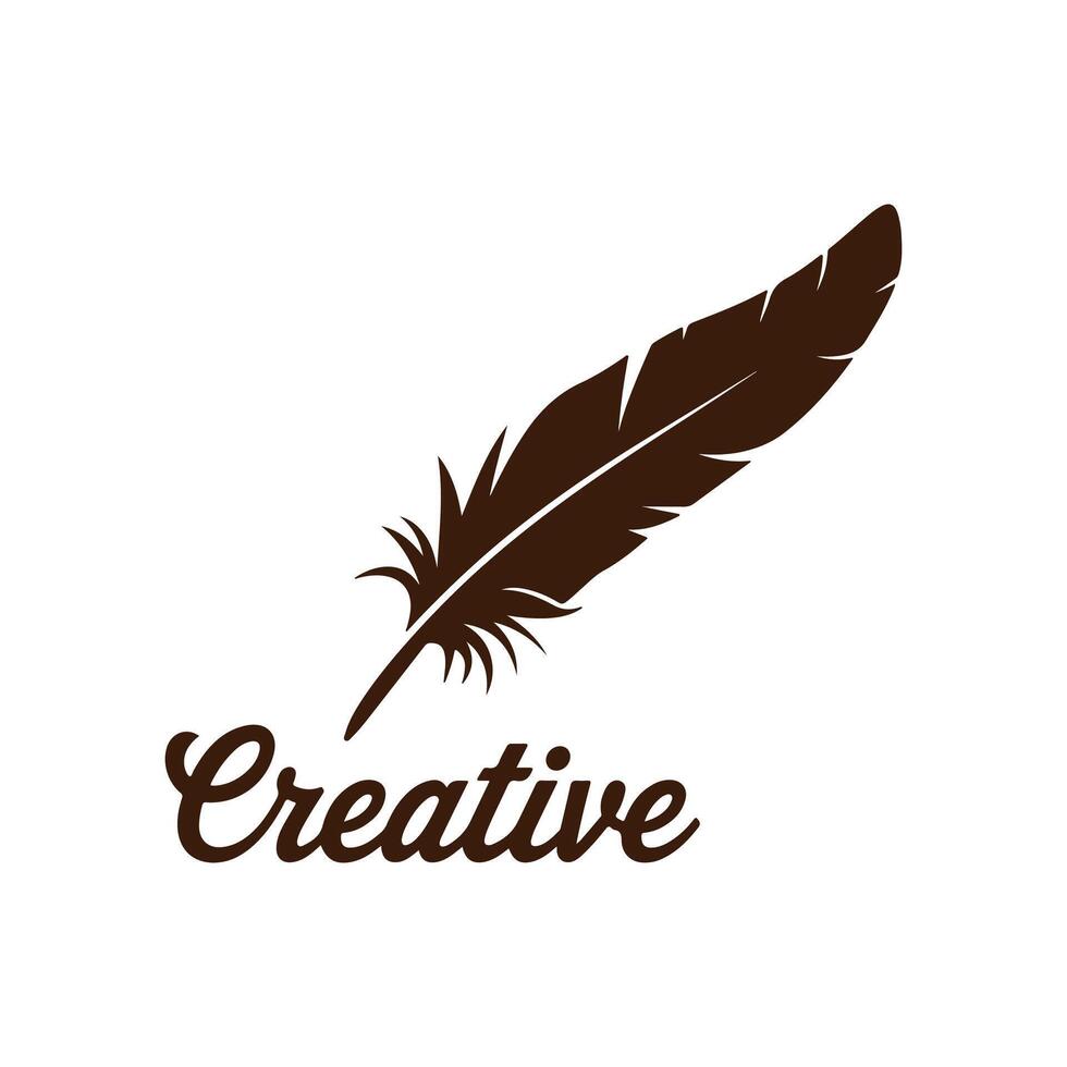 Brown feather creative logo, quill writing brand identity, elegant calligraphy emblem, vintage ink pen , stylish literary typography, artistic monogram graphic design vector