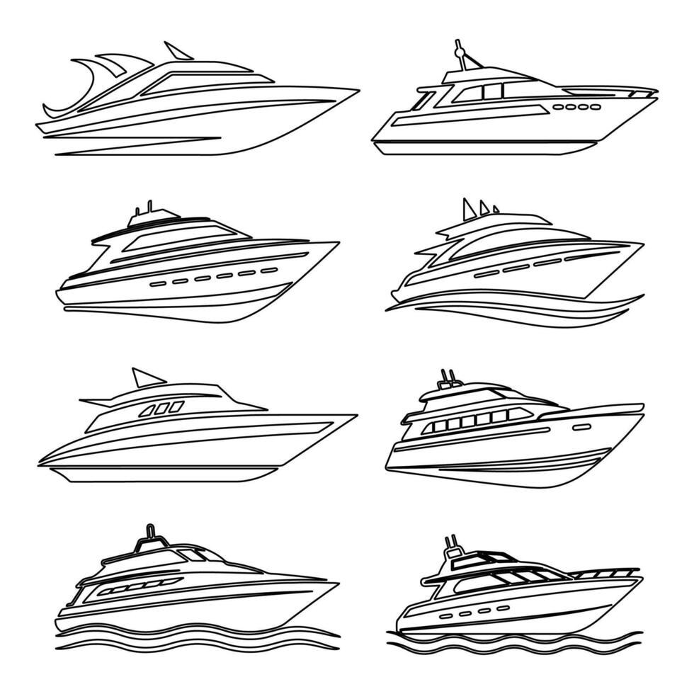 Luxury Yacht Outline Set, Modern Boat Line Art Collection vector
