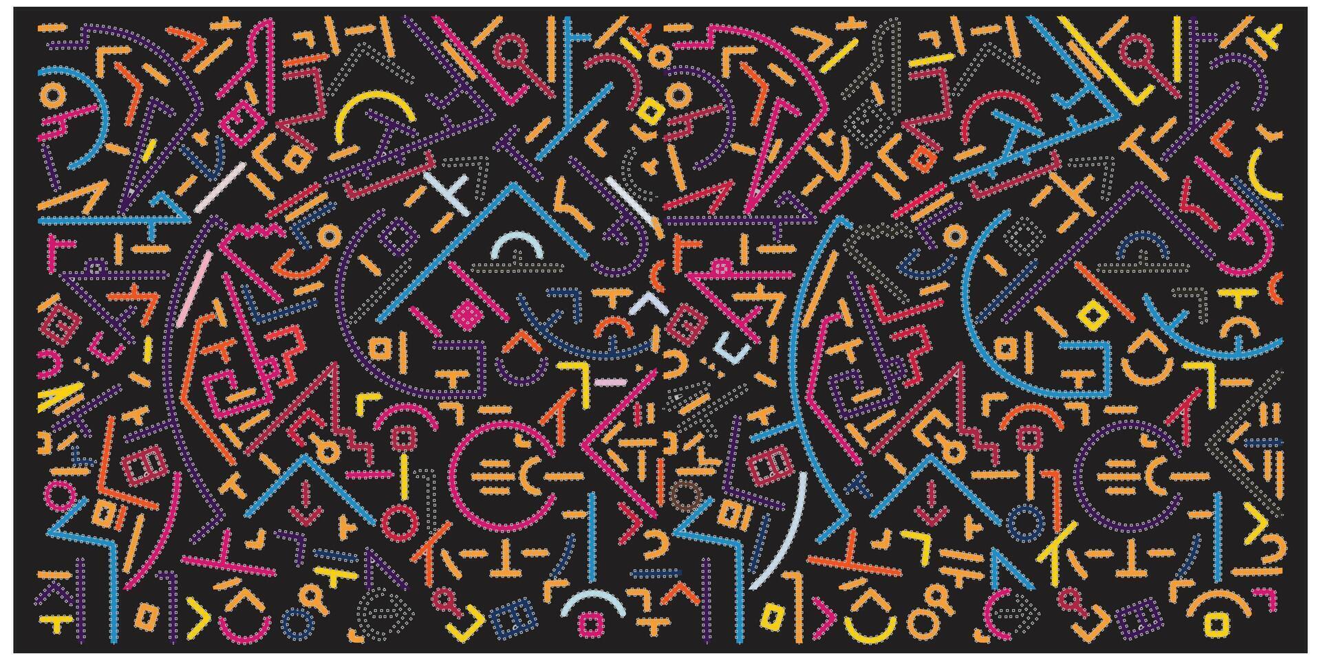 A lively and colorful design showcasing diverse shapes and symbols, forming an intricate and appealing pattern. vector