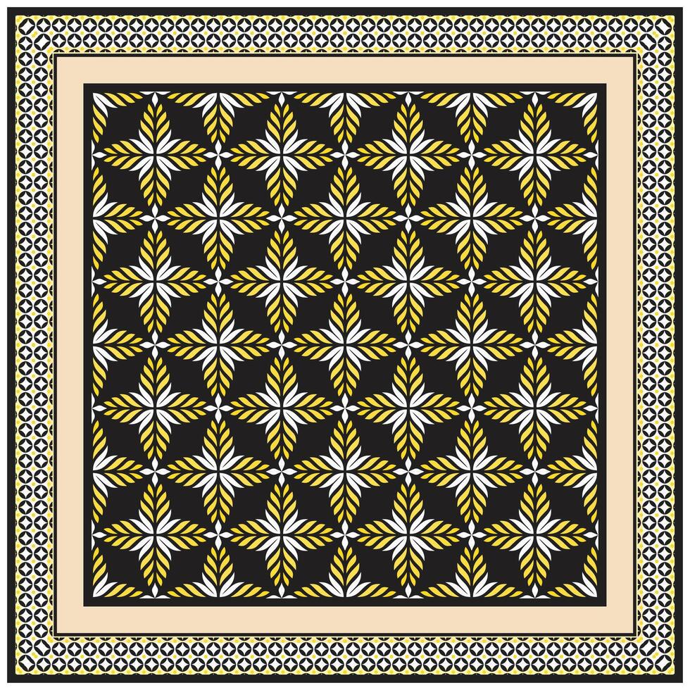 A bold, geometric pattern featuring white and yellow star-like flowers against a black background, framed by intricate borders. vector