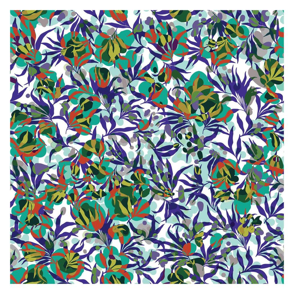 Colorful pattern featuring overlapping tropical leaves and flowers in shades of green, purple, and red on a white background. vector