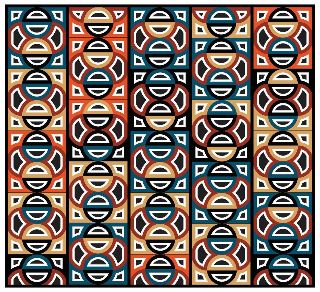 A vibrant geometric pattern featuring circular shapes print in orange, blue, black, and beige, arranged in a grid design. It could be used as a wallpaper, fabric design, or other decorative element. vector