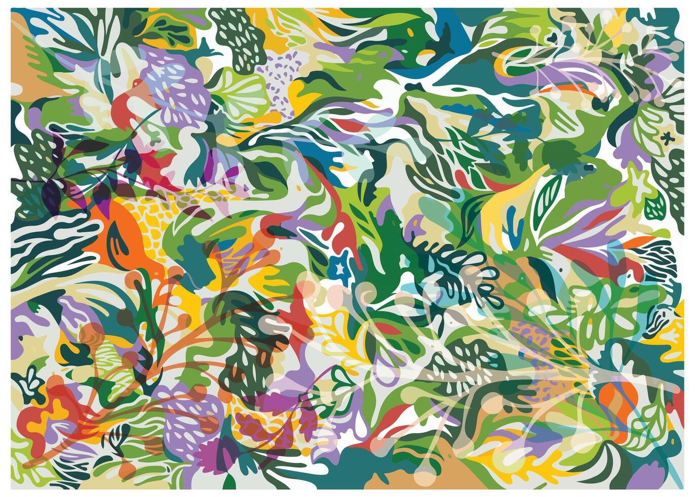 A vibrant abstract repeat print pattern of assorted colorful leaves and plants in greens, purples, yellows, and reds, creating a lively, organic feel. vector