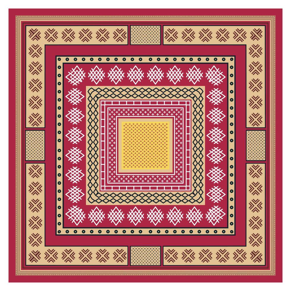 A vibrant geometric print pattern featuring concentric squares in red, yellow, and black, bordered by intricate designs in warm tones. vector