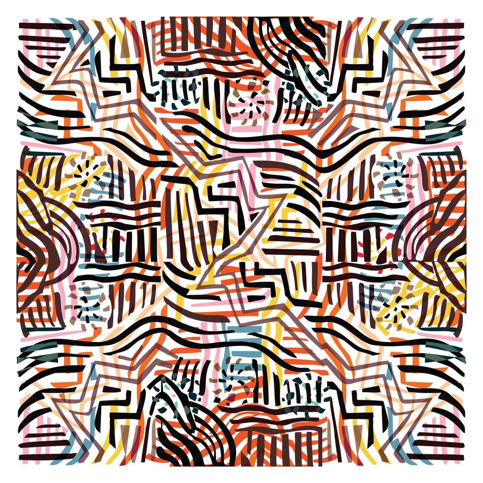 A vibrant abstract pattern featuring intricate, overlapping lines in red, black, pink, and yellow hues creating a dynamic visual tapestry. vector