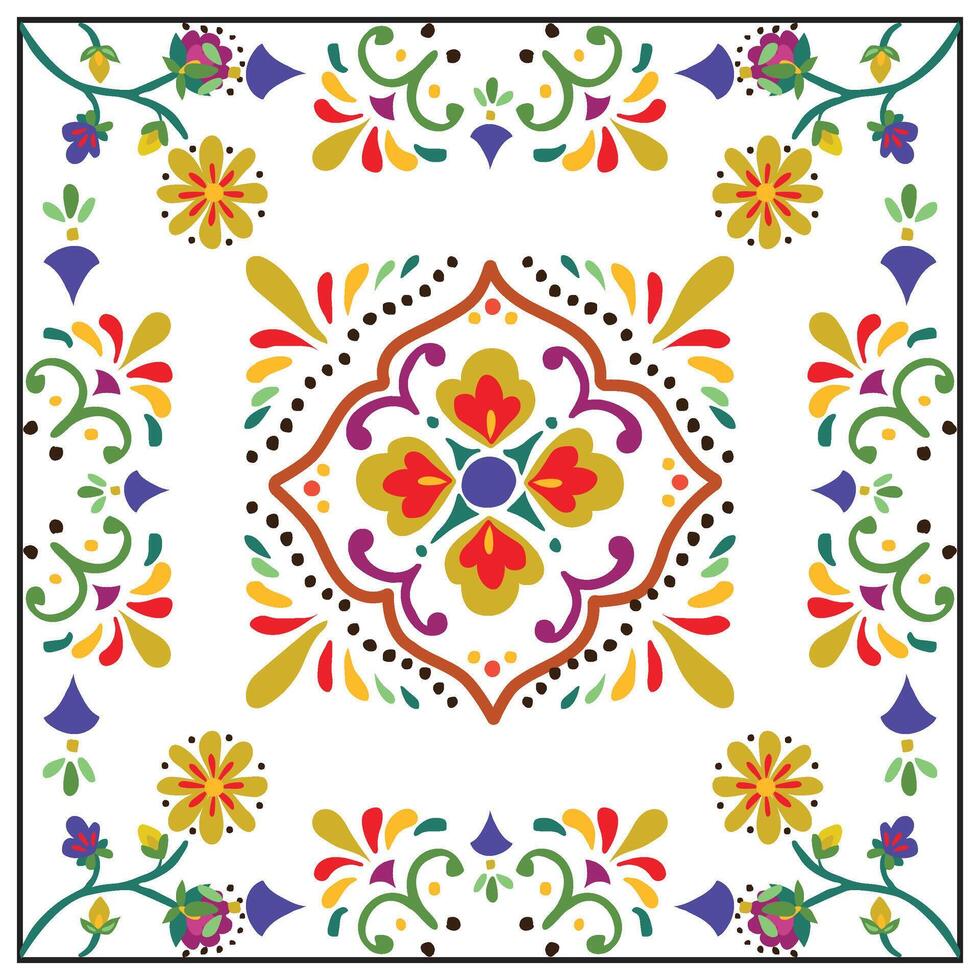 A vibrant, square repeat print, symmetrical design featuring colorful floral patterns and ornate swirls on a white background, framed by a bordered edge. vector