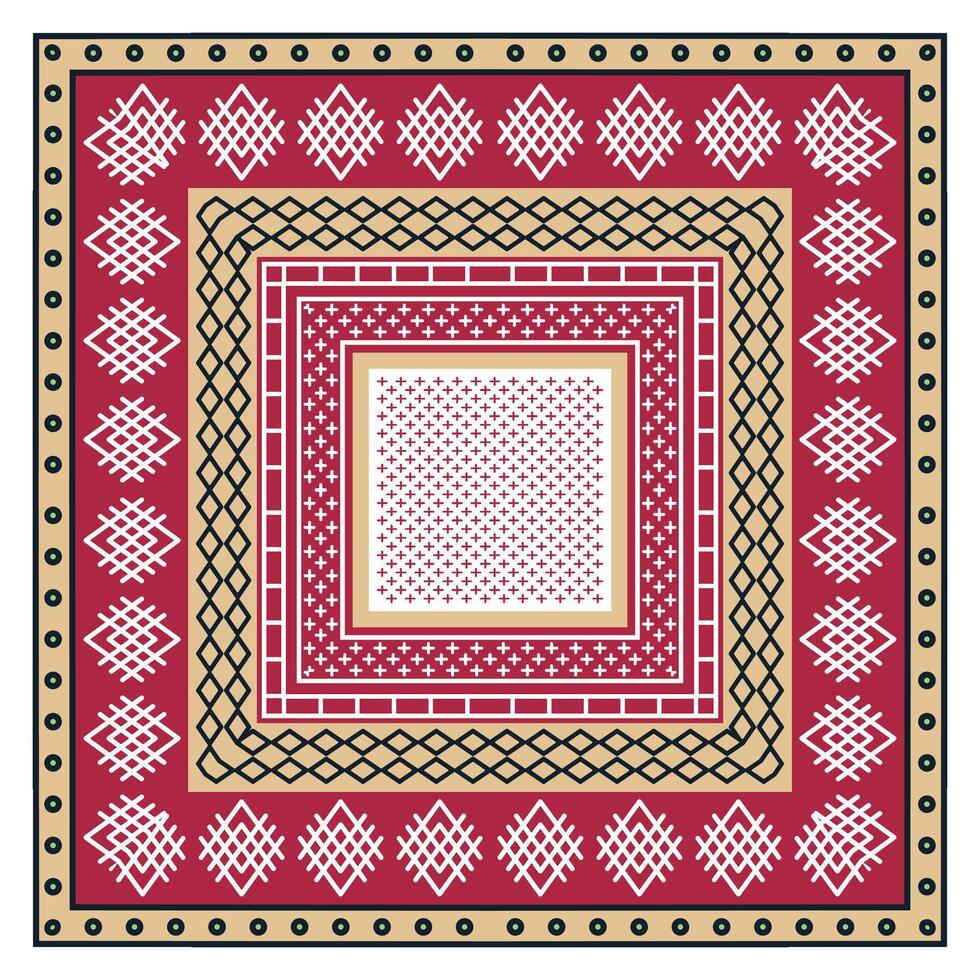 A geometric pattern featuring concentric squares in red, beige, and white, with intricate print designs and borders. vector