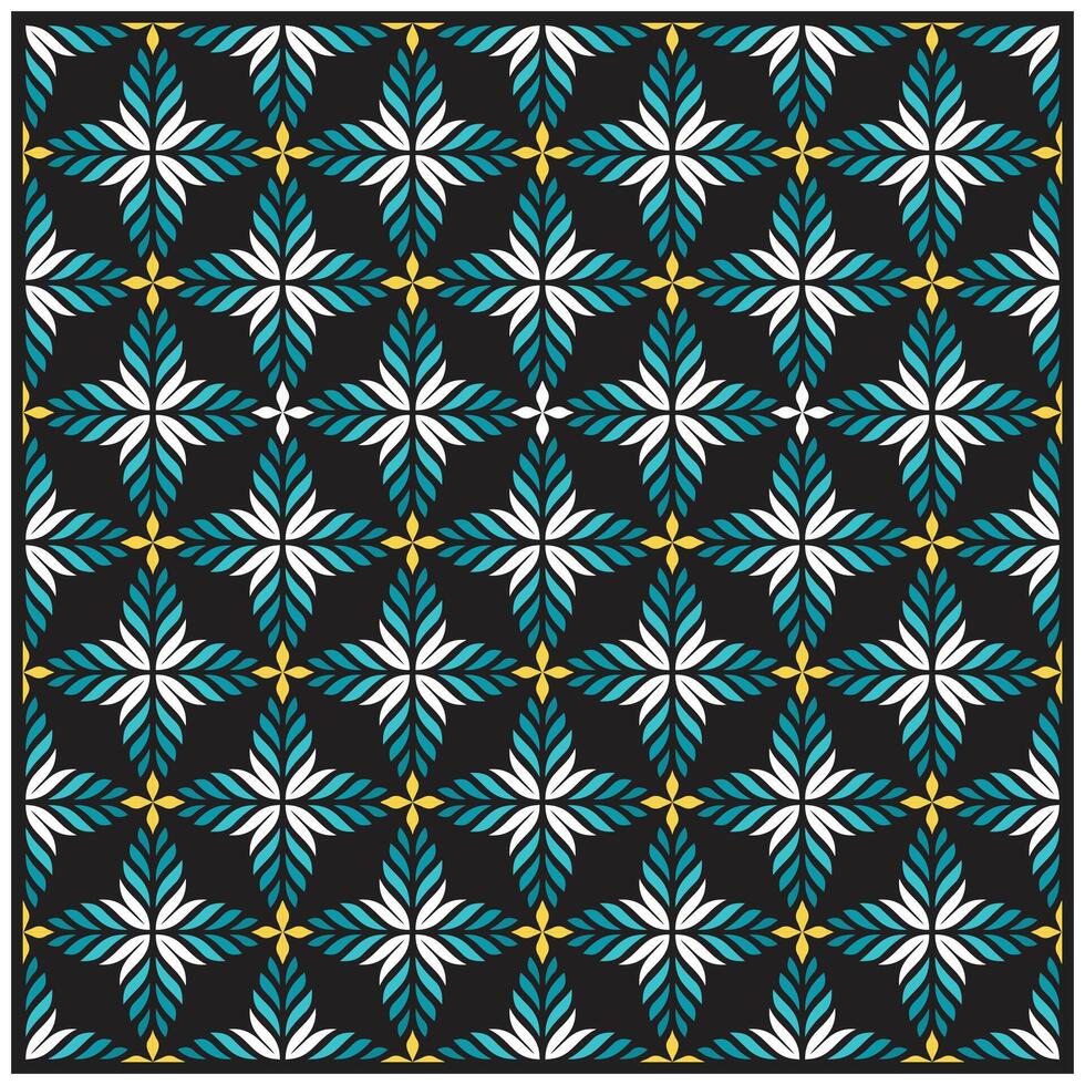 A repeating geometric pattern of turquoise and white leaf-like shapes on a black background, accented with yellow details. vector