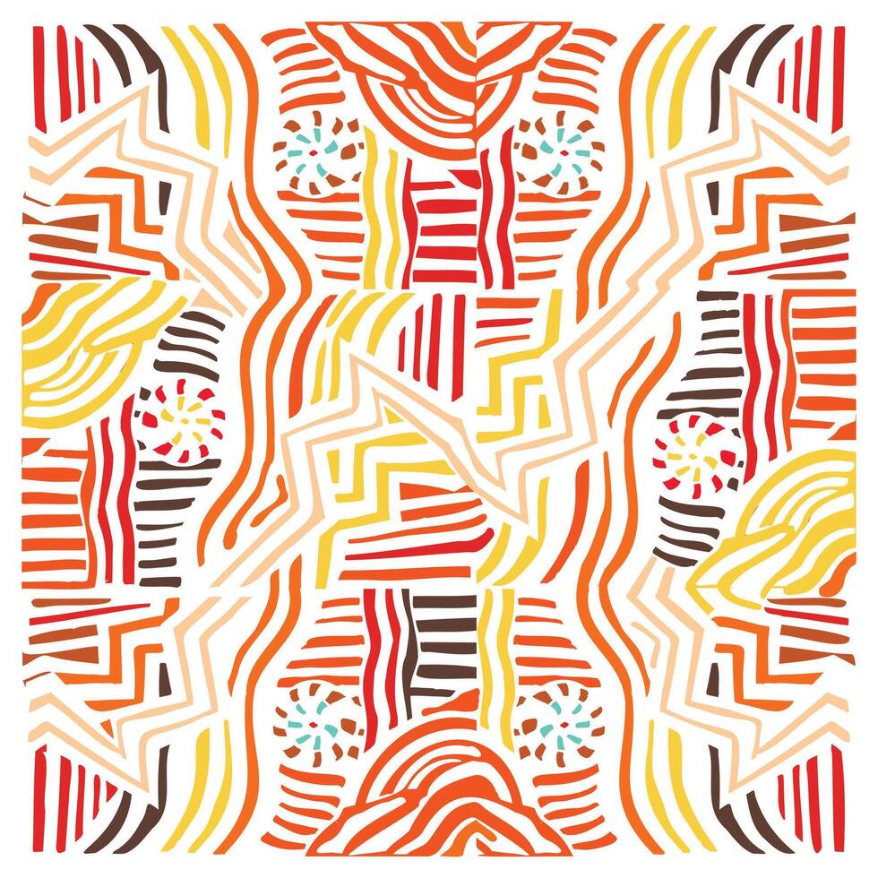 Colorful abstract pattern featuring wavy lines, stripes, and circular motifs in warm hues of red, orange, yellow, brown, and cream. vector