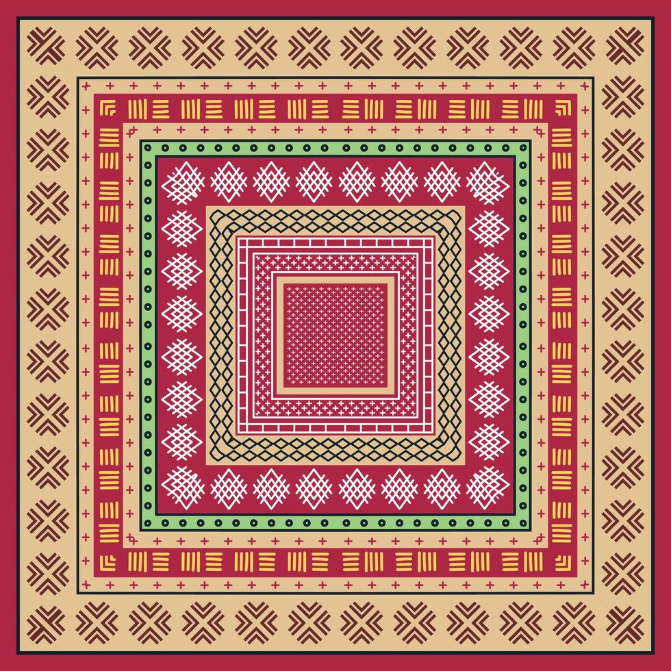 A colorful square pattern featuring layered geometric designs in red, green, beige, and intricate motifs. vector