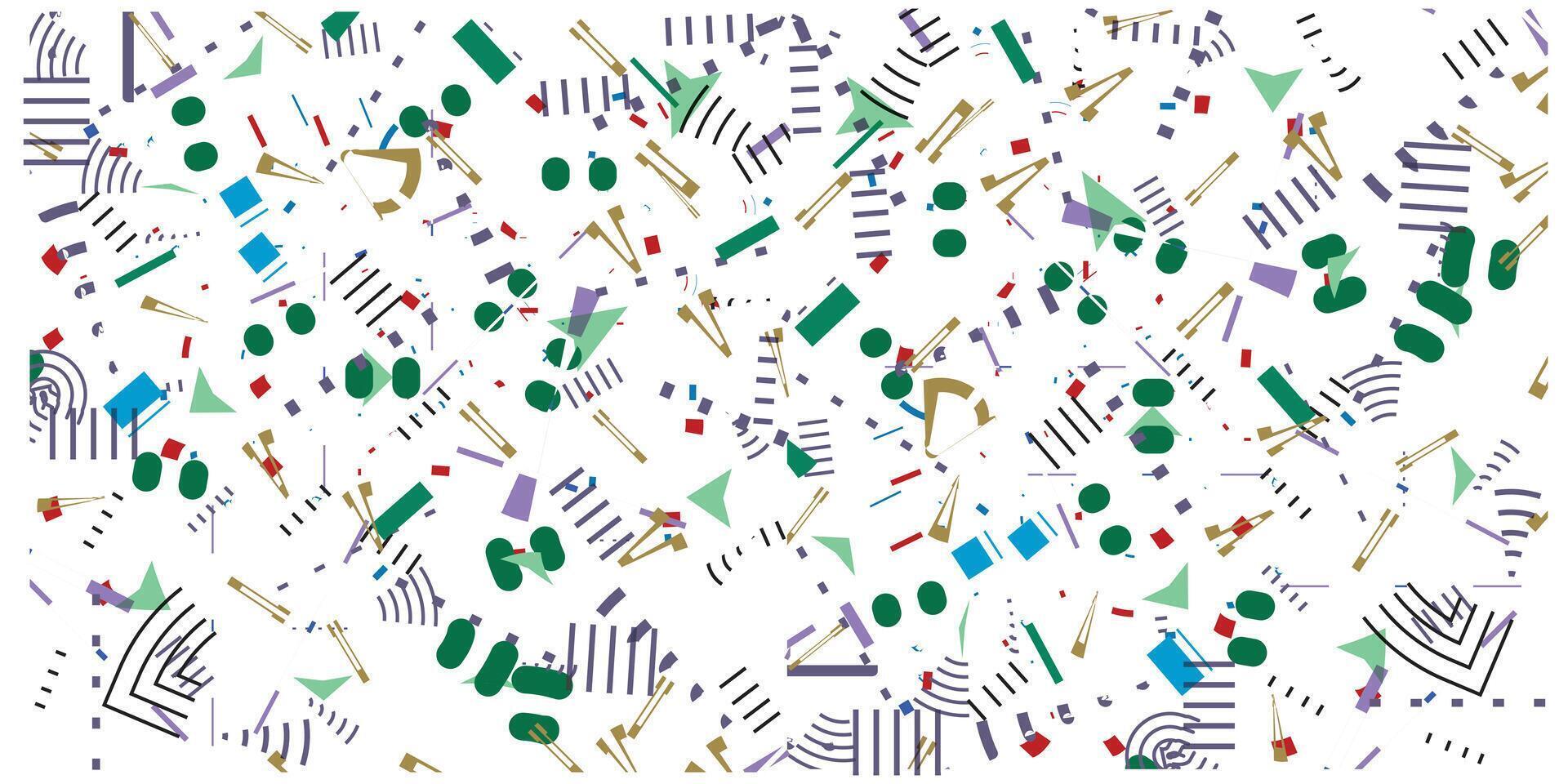 A vibrant abstract design featuring geometric shapes in various colors and sizes scattered across a white background, a spectrum of colors, offering a visually stimulating effect. vector