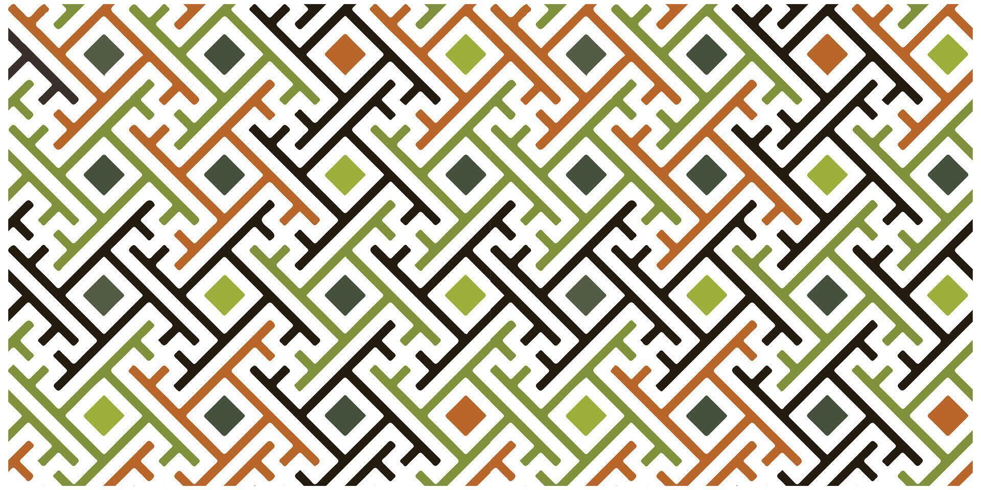 Colorful geometric pattern with intertwined lines and squares in red, green, yellow, and purple on a white background. vector