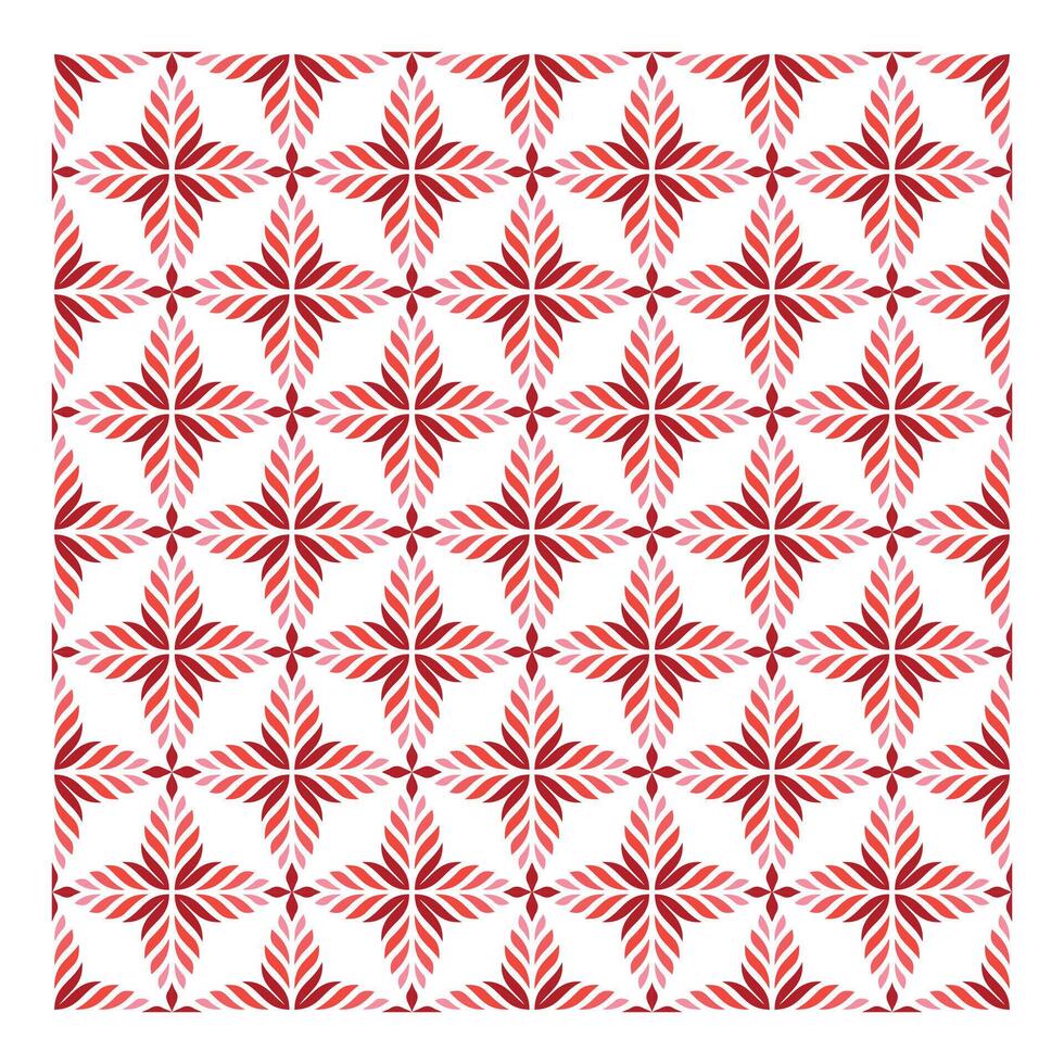 A vibrant repeating pattern of red and pink leaf-like motifs arranged in a star shape on a white background. vector