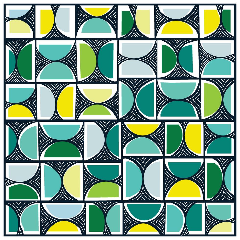 A colorful geometric pattern featuring various shapes in pastel hues, including circles, crescents, and rectangles, on a white background. vector