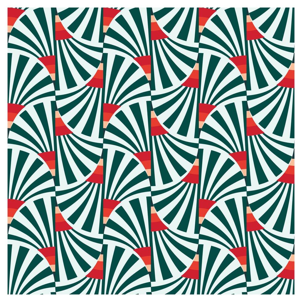 A repeating pattern of green and red swirling shapes resembling stylized fans on a light background, creating a vibrant geometric design. vector