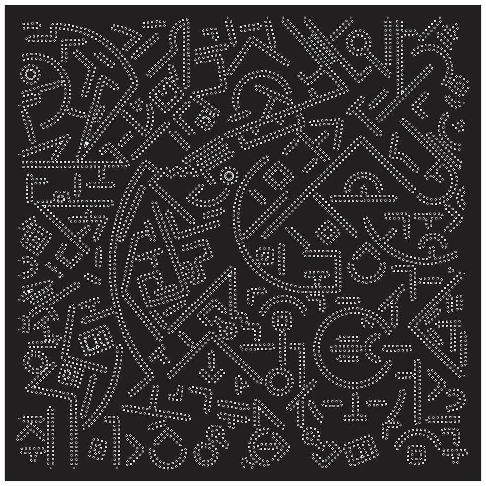 A complex pattern of white dots on a black background, featuring various abstract shapes and symbols. vector