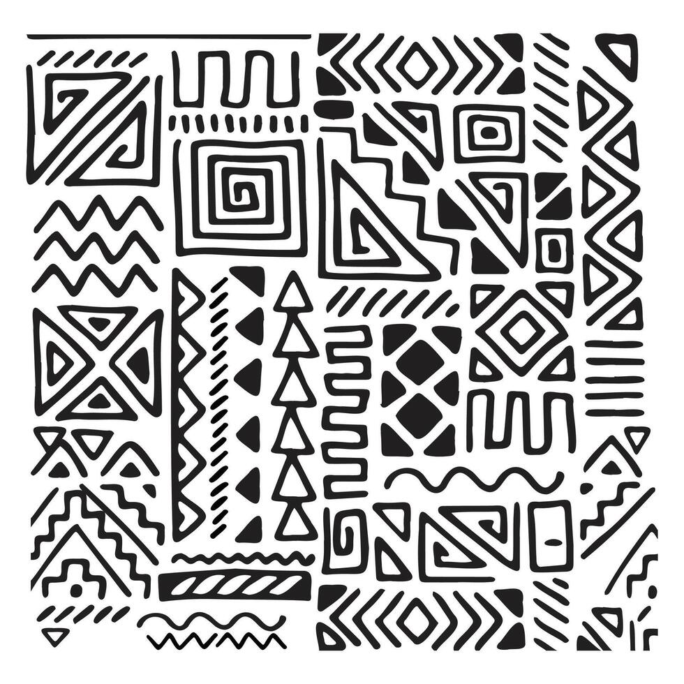 A collage of geometric black patterns, including spirals, triangles, and zigzags, on a white background. vector