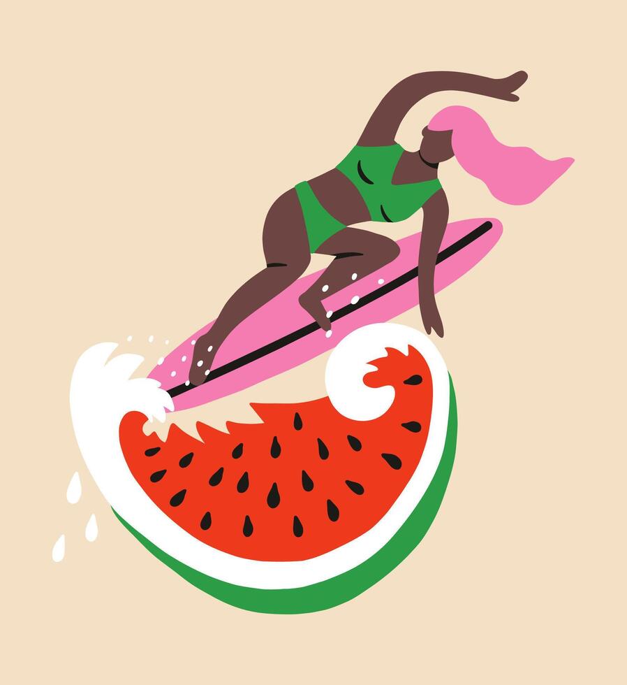 Woman surfer rides watermelon waves on board. Girl power concept. Summer illustration isolated on background. Design for cover, card, t shirt. vector