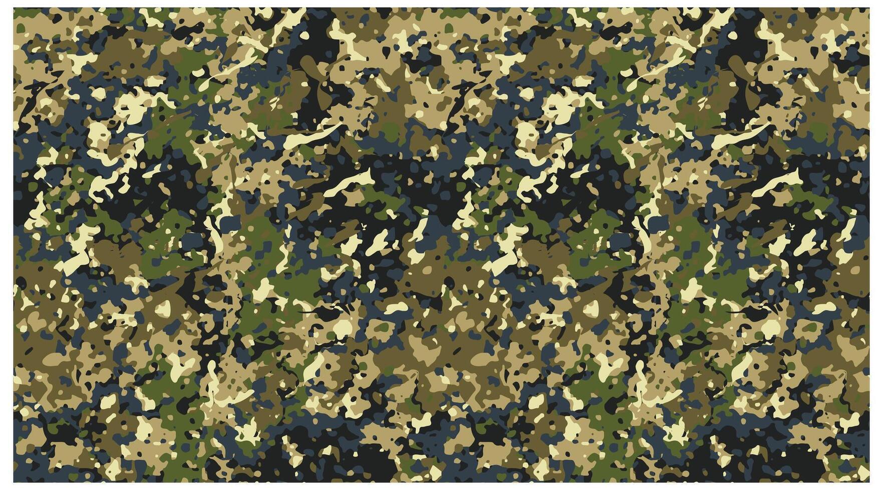 The image is a seamless pattern of camouflage, featuring a blend of green, brown, black, and blue hues. The colors are arranged in irregular shapes and blobs creating a disruptive print pattern design vector
