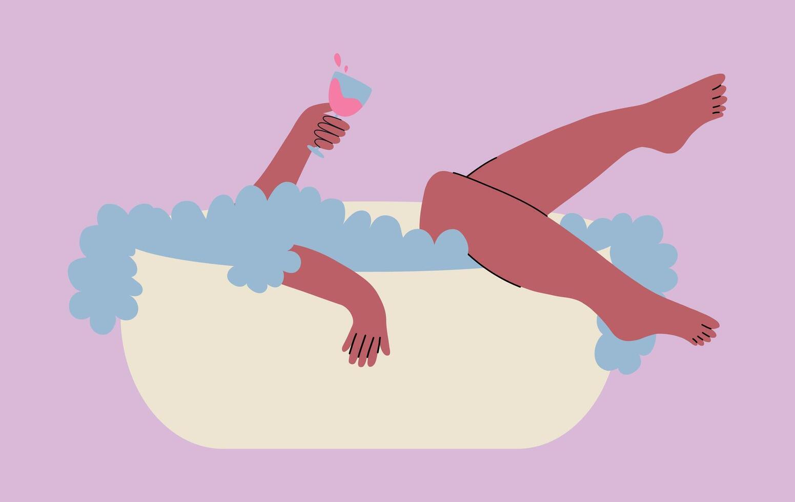 Woman takes bath with foam and holds glass of wine in hand. Mental health concept for womens day vector