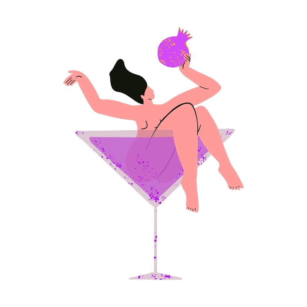 Woman in cocktail glass with pomegranate in hand. Elements for 8 march, birthday party. Cartoon illustration vector