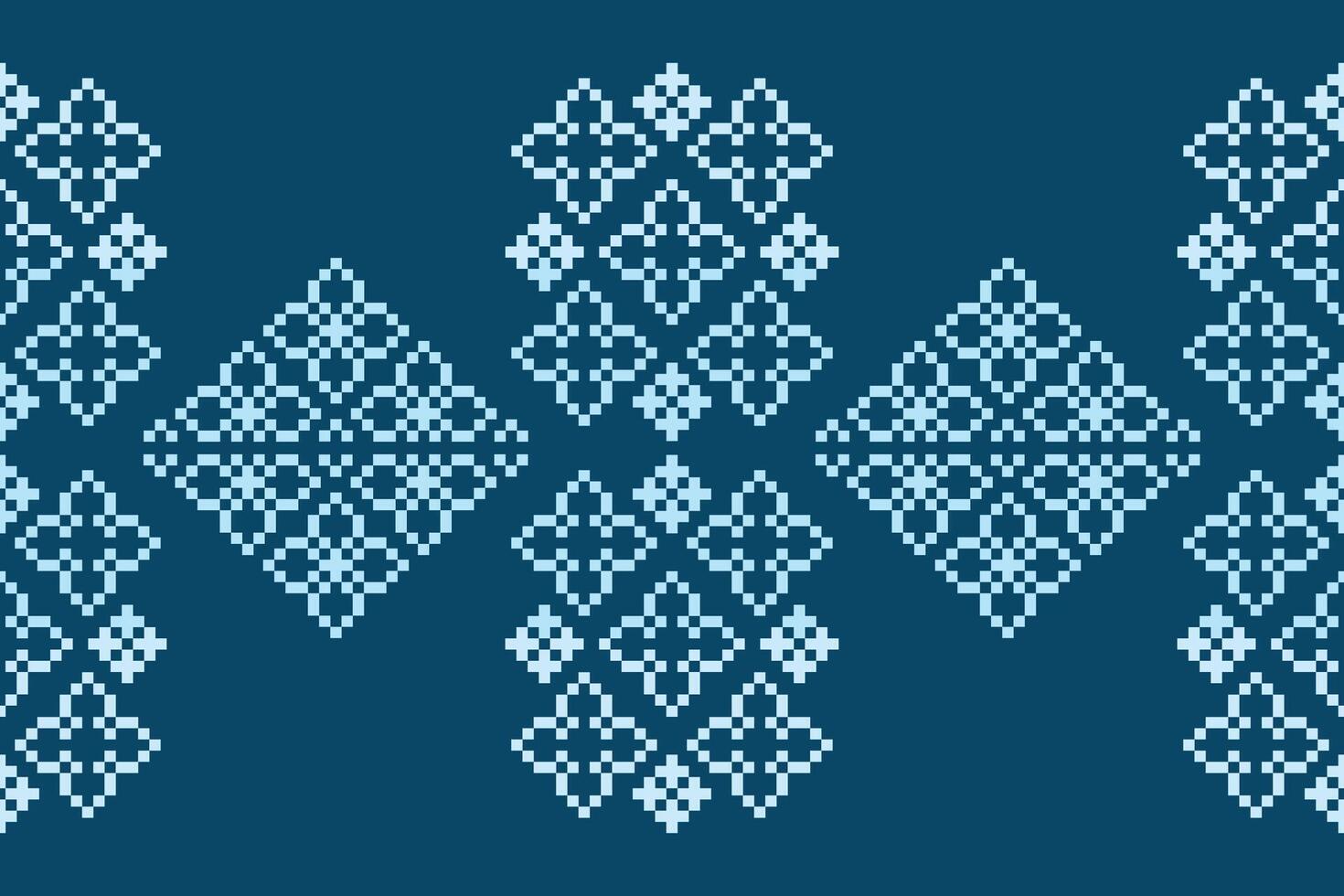 Cross stitch with blue color background ethnic pattern fabric motif decoration art. vector