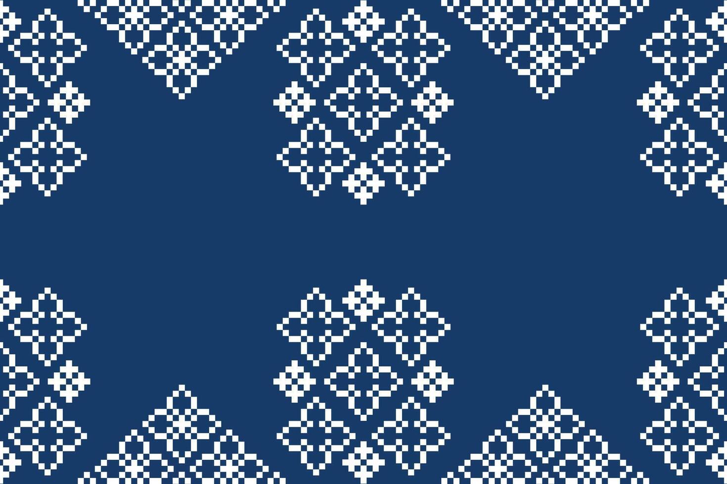 Blue color background cross stitch ethnic pattern fabric motif design decor. vector
