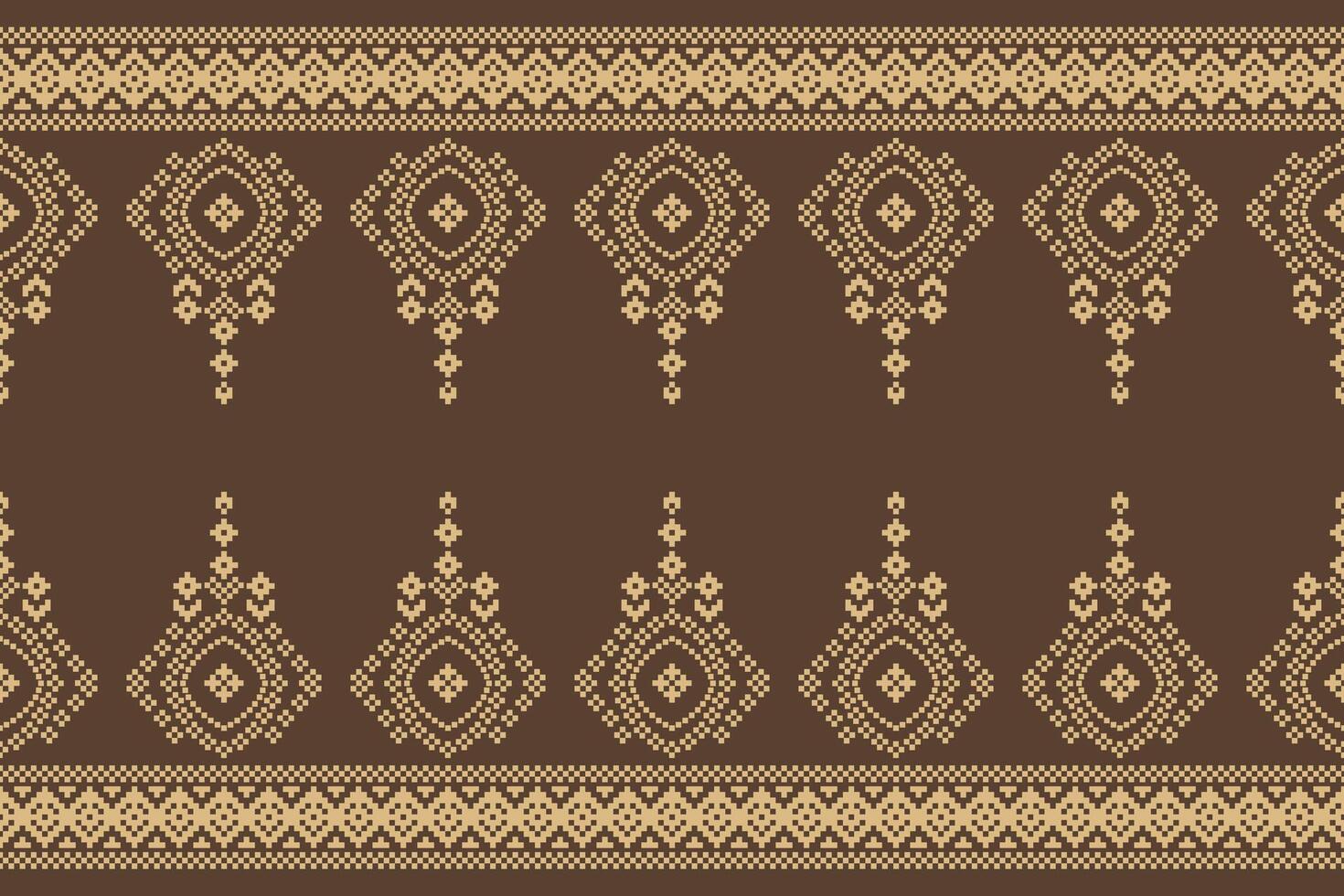 Cross stitch brown background color with ethnic pattern decoration pixel decor. vector