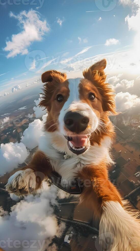 A happy brown and white canine soars through fluffy cumulus clouds photo