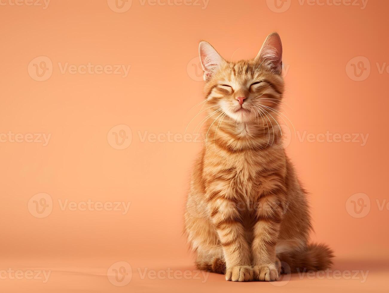 Content Orange Tabby Cat Sits Serenely Against Peach Background photo