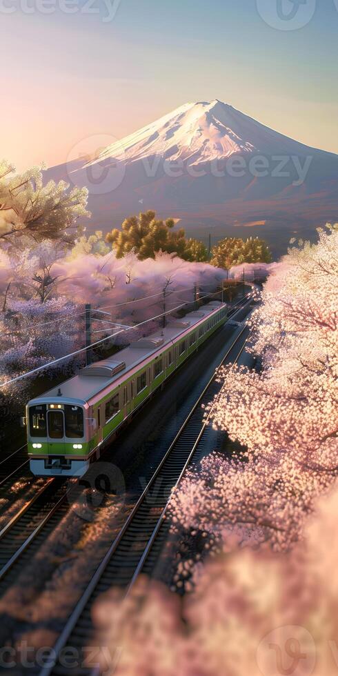 Train traveling through mountainous ecoregion under a dramatic sky photo