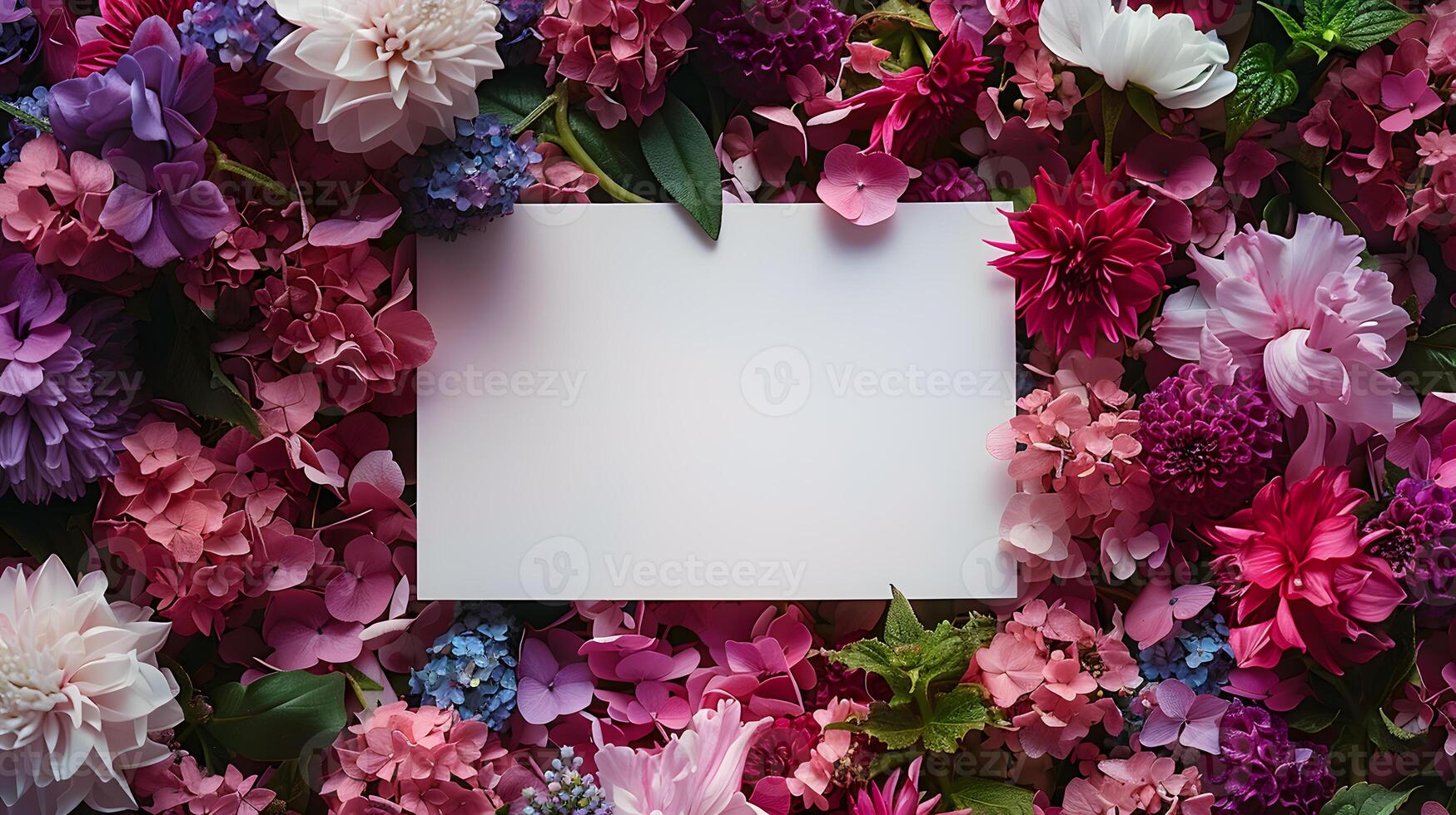 A white card stands out among pink and purple flowers photo