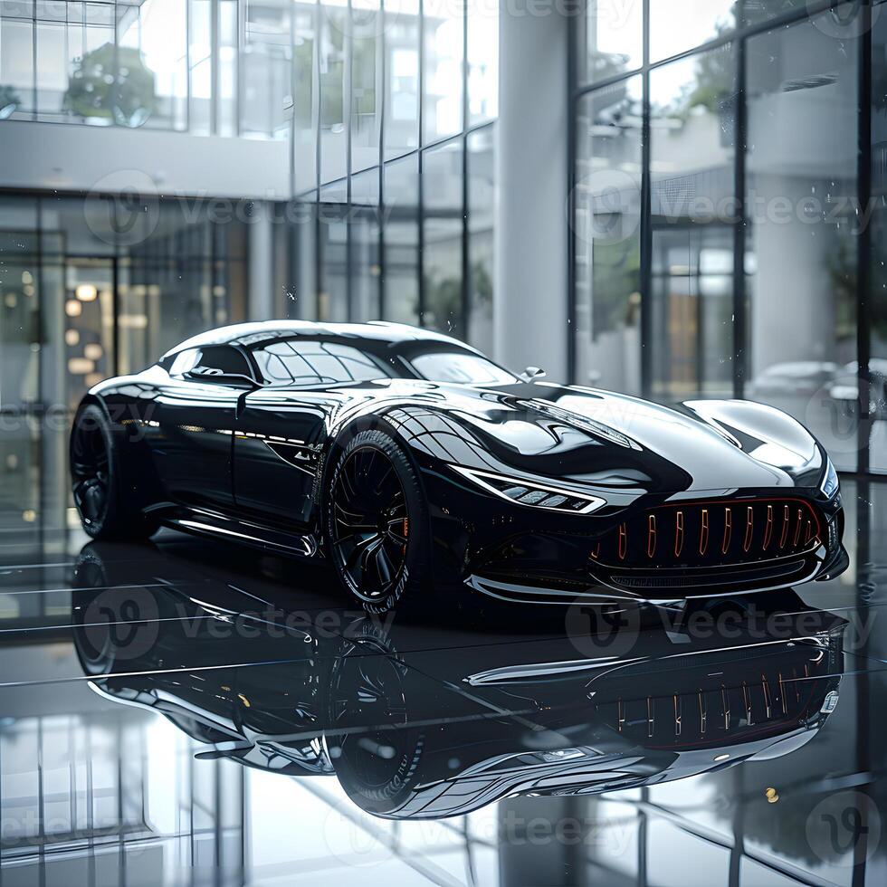 A sleek black sports car sits inside a glass structure photo