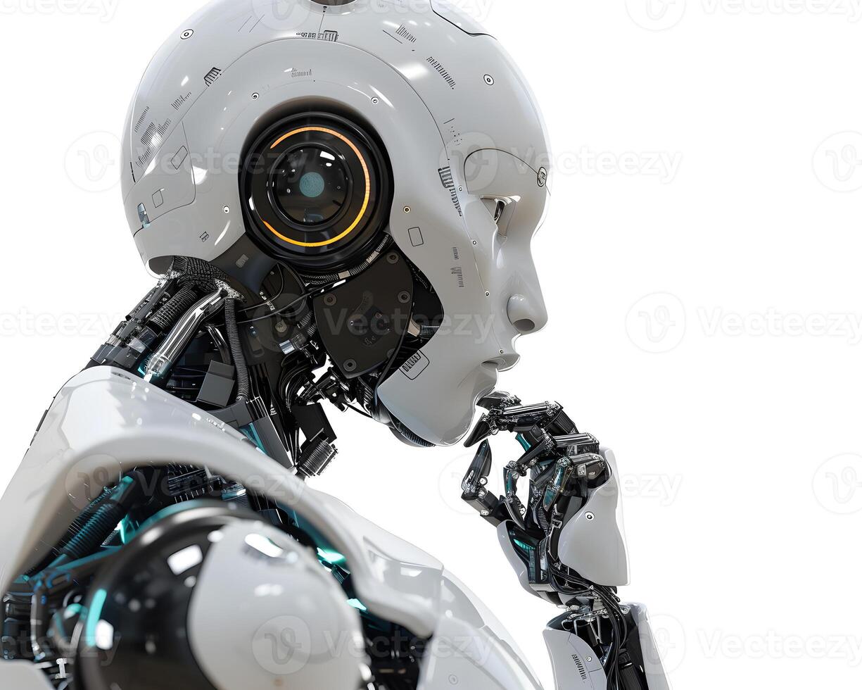 Robot contemplating automotive design with hand on chin photo